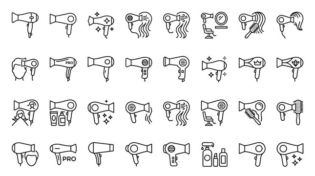 Vector Icons Hair Dryer Line Icon Set for Professional Salon and Beauty Styling Equipment. EPS Editable