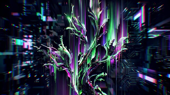 digital aesthetics, a vibrant, abstract composition of glitch art reflects digital distortion and growth