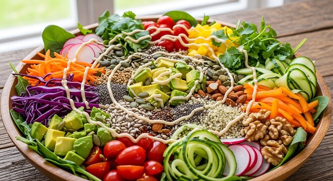 Healthy Vegan Buddha Bowl with Fresh Vegetables and Seeds