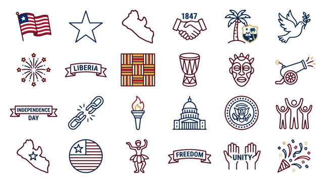 Vector Icons Liberia Independence Day doodle icon set featuring national symbols and cultural elements. EPS Editable