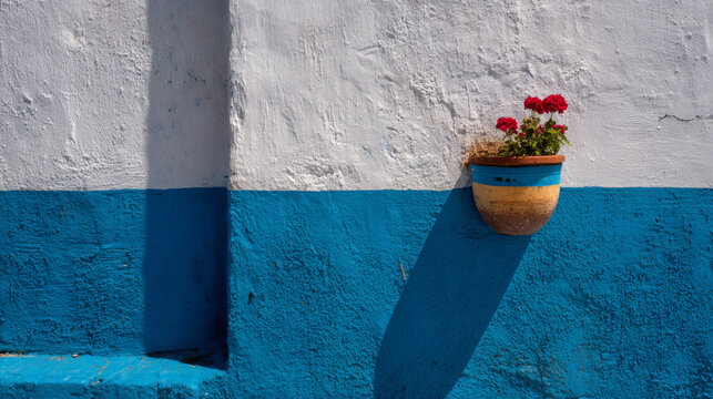 Vibrant red geraniums blooming in rustic terracotta pot attached to textured white and blue painted wall under bright sunlight creating sharp shadows in Mediterranean town