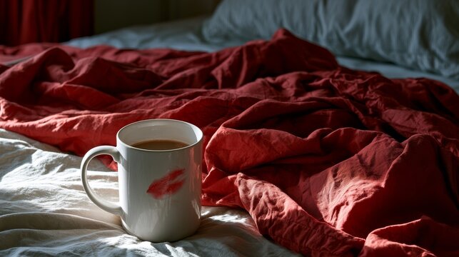 Morning coffee with a kiss mark on a rumpled bed