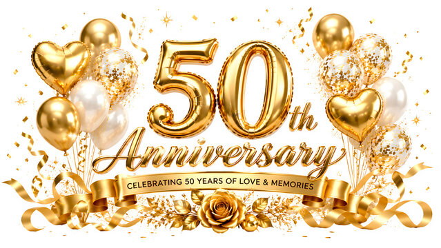 Golden 50th Anniversary celebration banner, elegant 50 years of love and memories typography, luxury gold balloons and confetti for wedding jubilee isolated on White Background