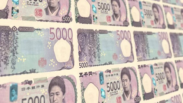 Japanese 5000 Yen Banknotes Floating Money Loop Background Business Finance Currency Animation