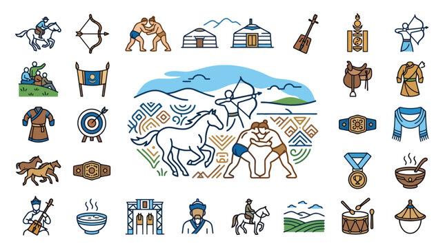 Vector Icons Mongolian Naadam Festival Icon Set and Cultural Illustrations. EPS Editable