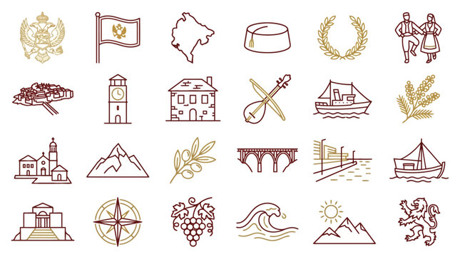 Vector Icons Montenegro travel and culture line icons set featuring national symbols landmarks and traditional elements. EPS Editable
