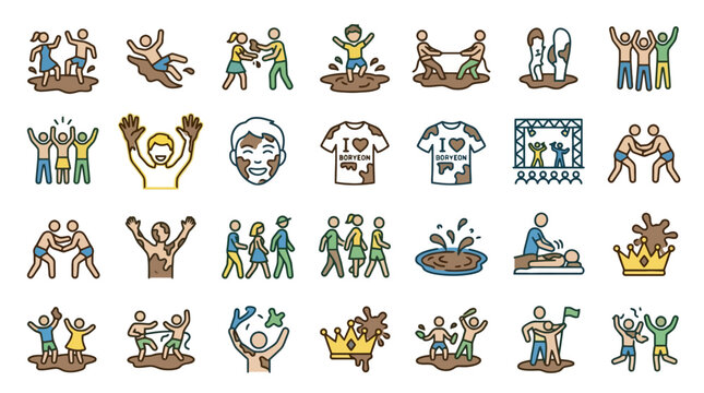 Vector Icons Mud festival and dirty run hand drawn doodle icon set. EPS Editable