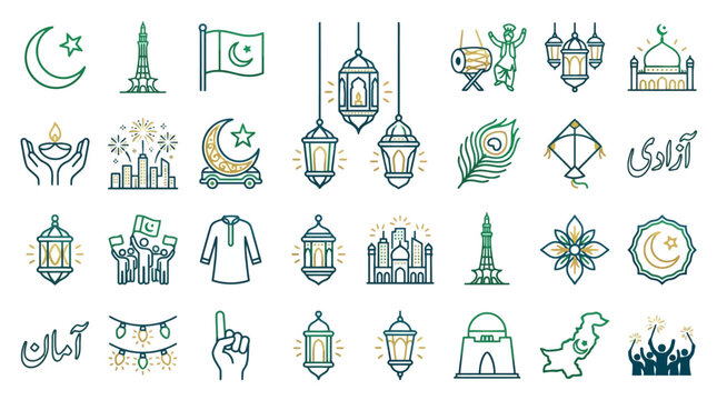 Vector Icons Pakistan Independence Day hand drawn doodle icons set featuring national symbols and Islamic elements. EPS Editable