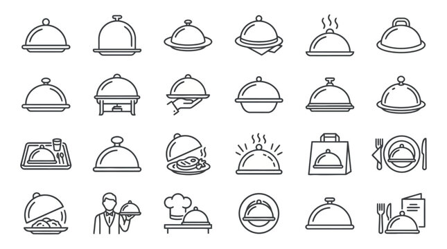 Vector Icons Restaurant cloche and food service line icon set featuring various silver platter dome covers and catering symbols. EPS Editable