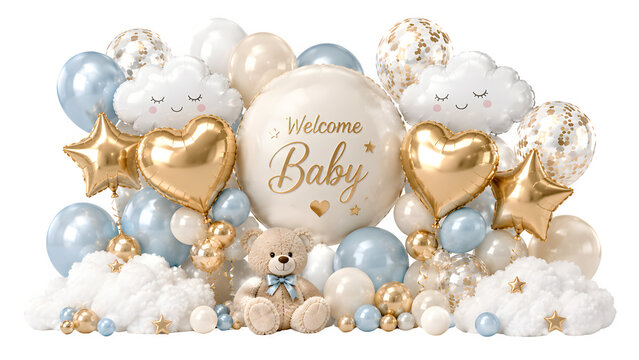 Welcome Baby balloon arch with gold hearts and blue stars, festive baby shower party decoration, elegant nursery celebration backdrop with teddy bear isolated on White Background