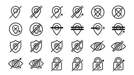 Fototapeta premium Vector Icons Set of location privacy and security icons featuring crossed out map pins and shield symbols. EPS Editable