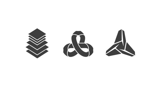 Abstract geometric icons with layered and interwoven designs.