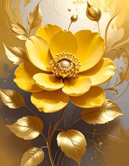 A large yellow flower with golden leaves and pearl center