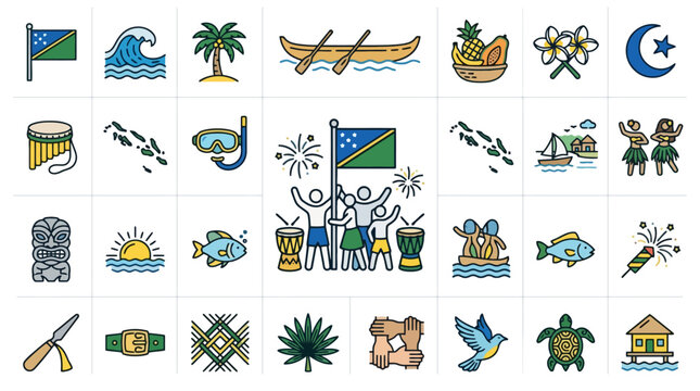 Vector Icons Solomon Islands cultural icons and travel symbols set. EPS Editable