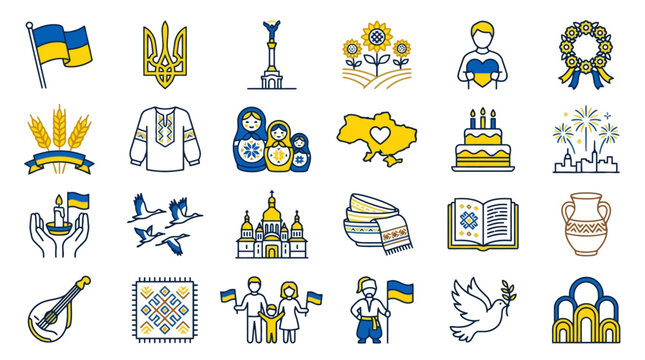 Vector Icons Ukrainian National Symbols and Cultural Heritage Line Art Icons Set. EPS Editable