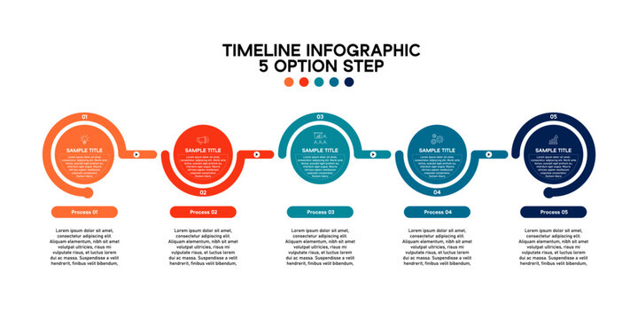 Vector circular timeline infographic with 5 steps options for presentation or annual report templates. editable vector infographic.