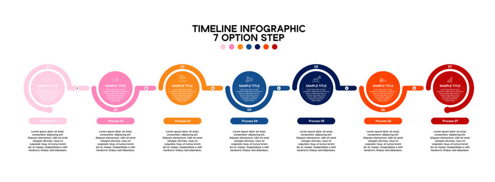 Vector circular timeline infographic with 7 steps options for presentation or annual report templates. editable vector infographic.
