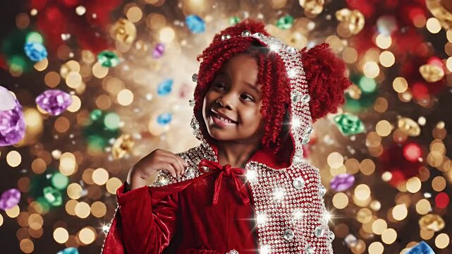 Joyful Young Girl With Red Hair Pigtails Wearing Festive Red Outfit Under Colorful Sparkling Lights