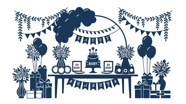 Silhouette of a festive baby shower dessert table with cake, balloons, and gifts