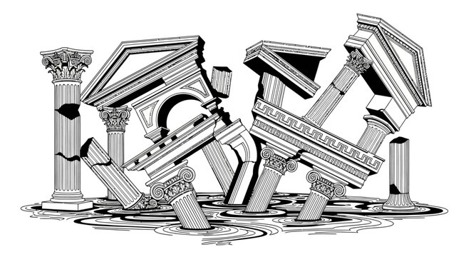 Stylized Line Art: Broken Ancient Architectural Ruins Submerged in Water, Crumbling Columns and Pediments Illustration