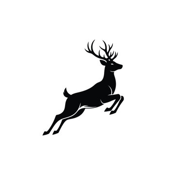 Minimalist black silhouette of a jumping deer with large antlers