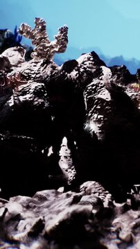 The scene shows a coral reef structure surrounded by rocks. Bright sunlight illuminates the underwater environment. A clear blue sky can be seen above the surface.
