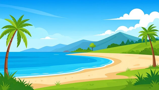 Cartoon-style coastal scene with a sandy beach, turquoise water, rolling hills, lush green vegetation, and blue sky with clouds