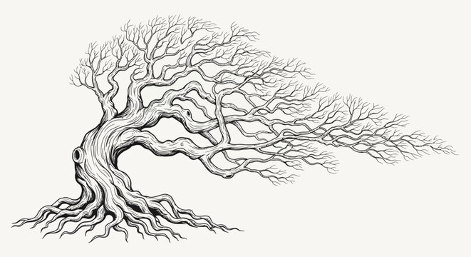 Detailed hand-drawn illustration of an ancient, gnarled tree, windswept with intricate bare branches and exposed roots, grayscale artwork.