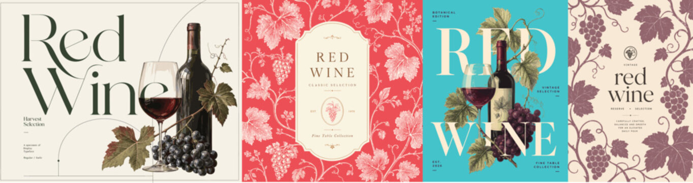 Elegant red wine poster and label collection with bottle, glass, grapes, vine leaves, botanical patterns, vintage typography and modern packaging design for winery vector branding.