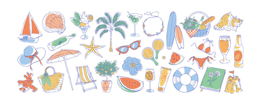 Sea vacation doodle set in watercolor, whimsical mediterranean sketch icons with palm and sailboat. Sunglasses and cocktail with swimsuit for beach travel branding invitation design for poster social