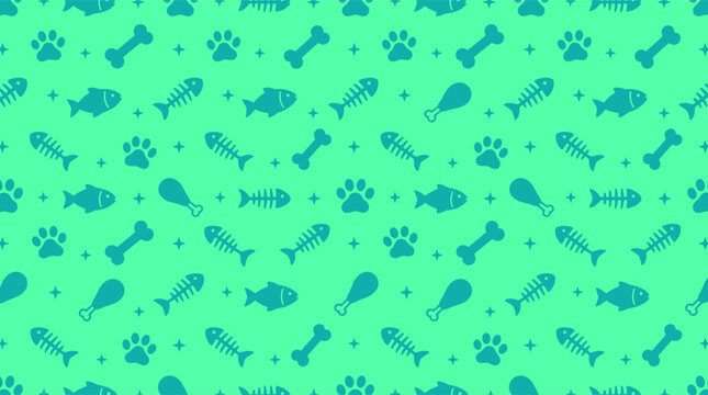 Seamless pattern with pet icons of bones fish paw prints and chicken legs on a mint green background
