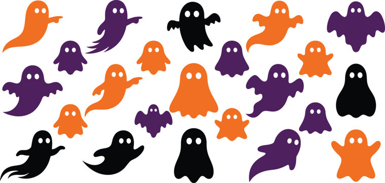Collection of various halloween ghost silhouettes in orange purple and black vibrant color palette