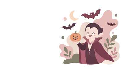 Fototapeta premium Cute cartoon vampire child with pumpkins and bats celebrating Halloween night.