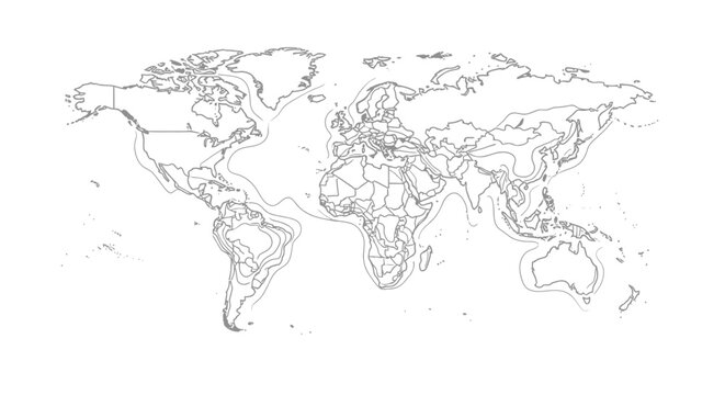 World Map Outline with Elevation Contours and Political Borders