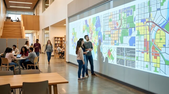 Students Analyzing Urban Planning Data on Large Interactive Digital Map Screen in Modern University Library