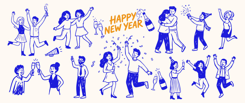 New Year's Eve Celebration: A vibrant collection of hand-drawn illustrations depicts people joyfully celebrating the New Year with champagne, confetti, and sparklers.