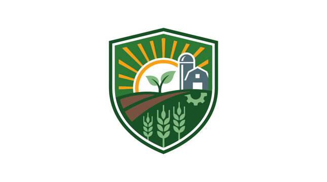 Modern agricultural logo with barn house silo sun and wheat stalks inside a green shield