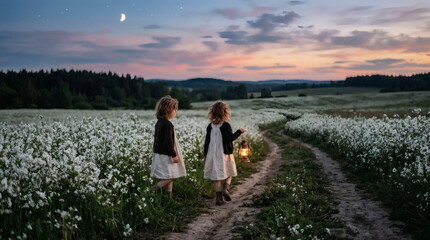 Fototapeta premium Children with Lantern Walk Through Field at Dusk