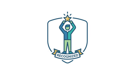 Naklejka premium Professional Success Achievement Badge with Man Holding a Star and Shield Emblem
