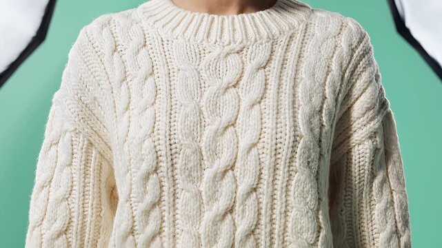 Cream cable knit sweater textured close up on light green background