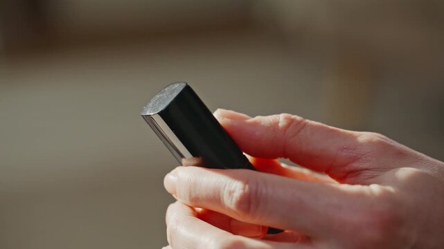 Woman hands holding lipstick taking off cap twisting cosmetic tube closeup.