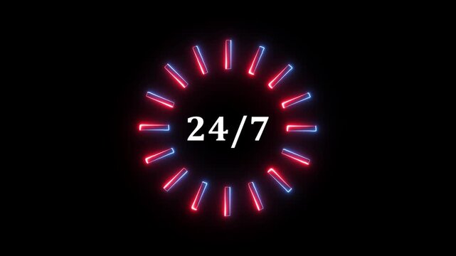 Neon glowing twenty four seven sign rotating circle animation on dark background.