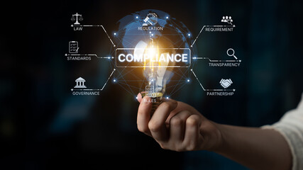 Fototapeta premium Compliance ensures alignment with standards, laws, and policies. A strong compliance system helps enforce regulation, protect organizations, and improve global compliance transparency. Spline