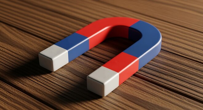 Magnet Horseshoe Displaying Magnetic North and South Poles on Wood