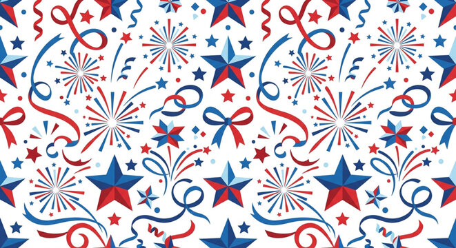 Patriotic background, 4th of July pattern, American flag colors, festive stars and fireworks