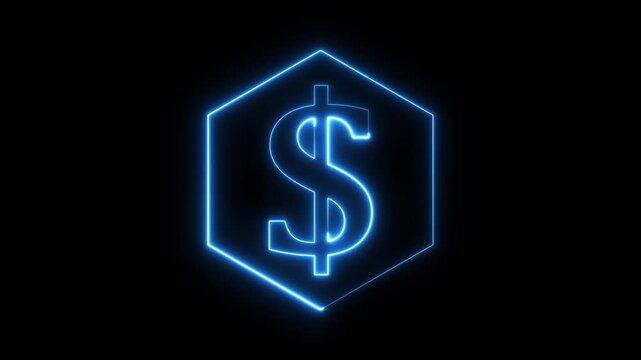 Glowing blue dollar sign icon within hexagonal shape on black background motion.