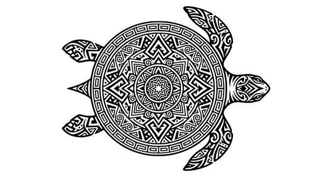 Tribal Sea Turtle Mandala Ornament Black and White Vector Illustration