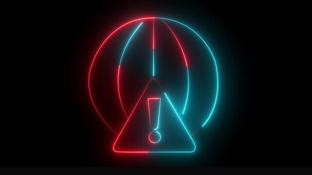 glowing neon global warning sign and world globe icon with exclamation mark on black background. Represents global alerts, internet security risks, worldwide emergencies,