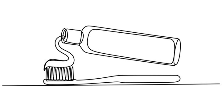 Continuous single line drawing of a toothbrush with toothpaste on it