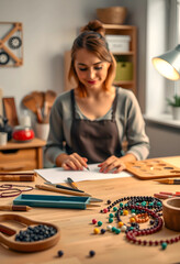 Fototapeta premium Woman crafting jewelry with beads and tools at home